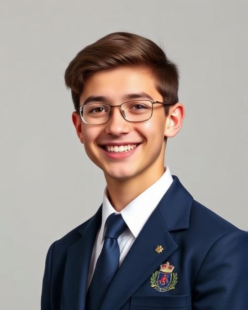 Estudiante varón con uniforme formal de colegio en retrato institucional generado con IA
